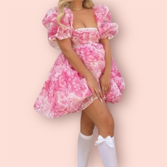 Selkie x Free People French Puff pink babydoll toile floral organza mini dress - Picture 2 of 12